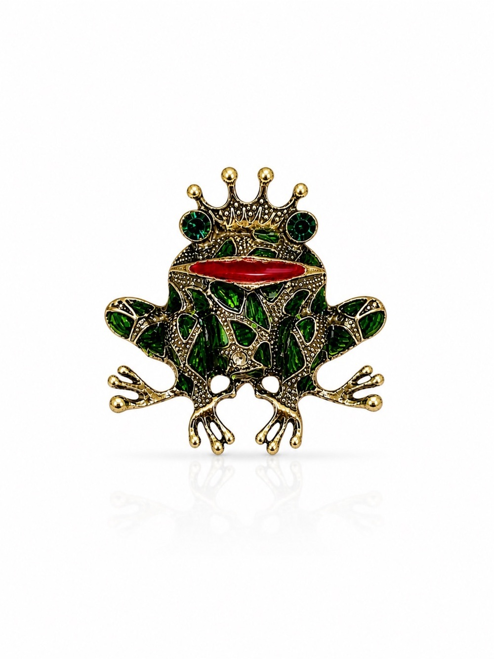 Crowned Frog Brooch with Green and Red Enamel